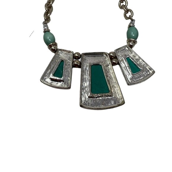 Faux Turquoise Necklace‎ Three Station Statement Hammered Silver Tone - Picture 2 of 7